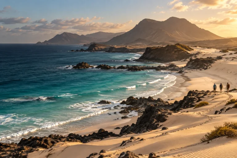 Paisagem costeira fictícia com dunas e caminhantes