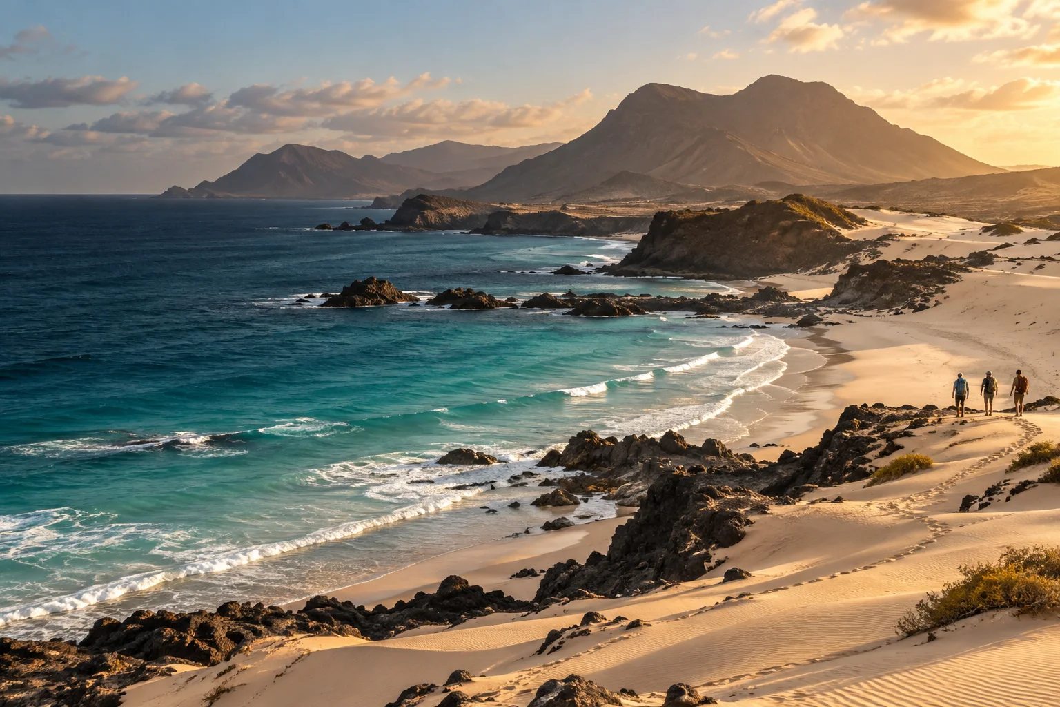 Paisagem costeira fictícia com dunas e caminhantes